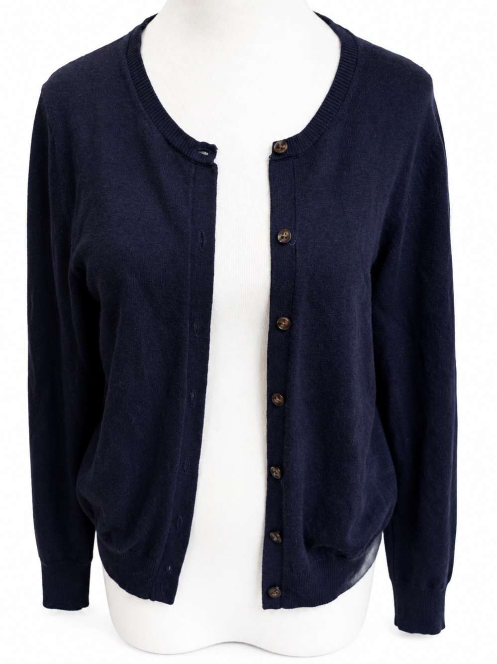 Ann Taylor Navy Button-Up Crewneck Cardigan